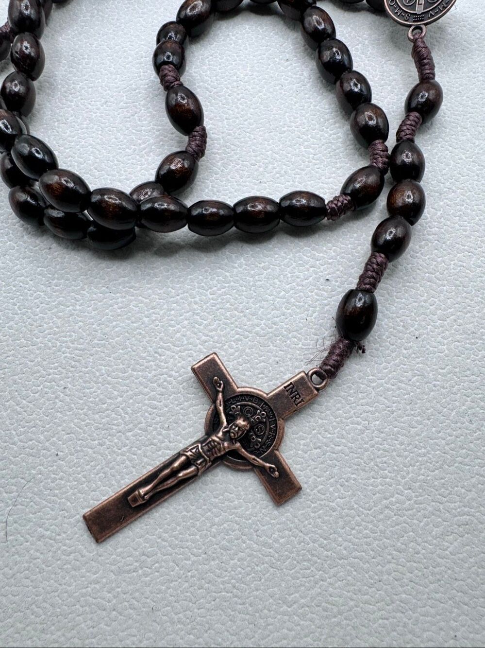 NEW Saint Benedict Wooden Rosary Prayer Beads Copper Jesus Crucifix Cross OS